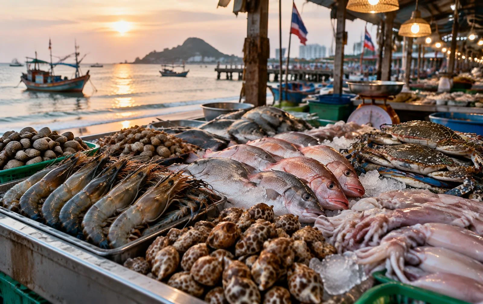 Fresh seafood displayed at a coastal market in Hua Hin